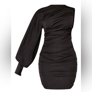 NEW WITH TAGS | PRETTYLITTLETHING Black One Sleeve Ruched Woven Bodycon Dress 0